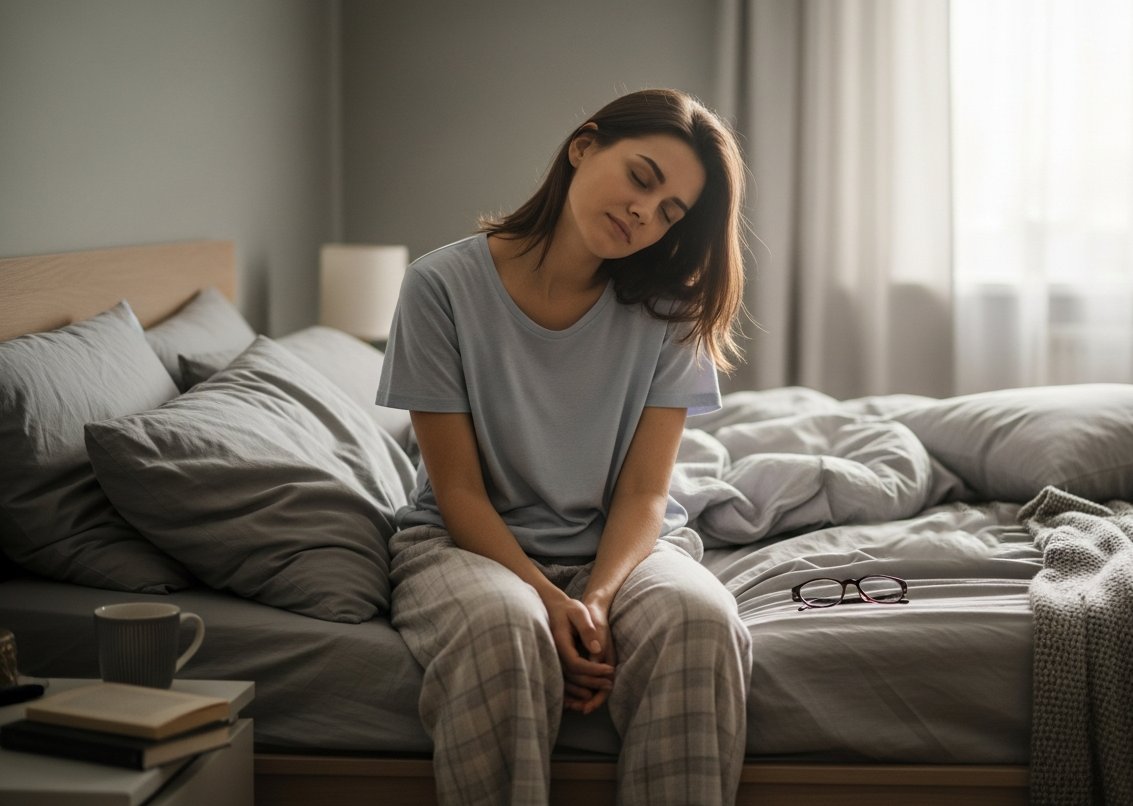 Женщина сидит на кровати